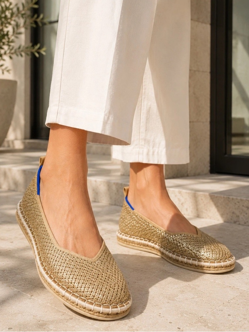 Rothy's The Espadrille Gold Stripe Metallic Hemp Knit Ballet Flats Coastal Sz 9